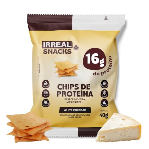 Irreal Snacks, Snack Proteico Salgado, Sabor White Cheddar, 40g, Feito com Batata Doce, Caseinato de Cálcio e Proteína de Arroz