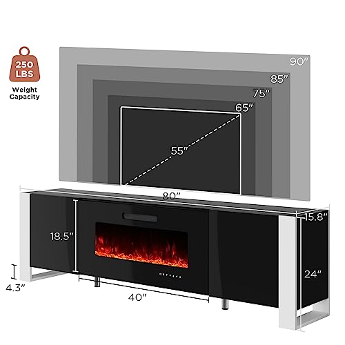Jocisland 80" Fireplace TV Stand with 40" Electric Fireplace, Entertainment Center with High Gloss Doors & LED Lights, Modern Entertainment Stand for TVs up to 90", Black