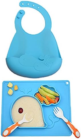 4 In 1 Highchair Silicone Placemat Set - Bib + Spoon + Fork - BPA Free &amp; Non-slip Suction &amp; Portable Place Mat for Baby Toddler Infants Kids