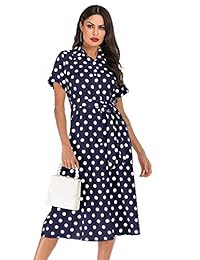 SHENGYI - Blusa casual con bolsillos con botones y lunares, para trabajo, negocios, con cinturón