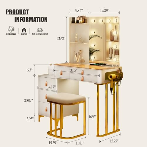 Dystle Makeup Vanity Desk with Mirror & Lights, Vanity Table with 5 Drawers, 2 Shelves, Vanity Set for Bedroom, Dressing Table with LED Lights, Vanity Gifts for Girls Lady (A-White)