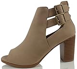 Soda Women's Wilma Faux Nubuck Leather Peep Toe Cut Out Side Buckle Stacked Heel Ankle Bootie