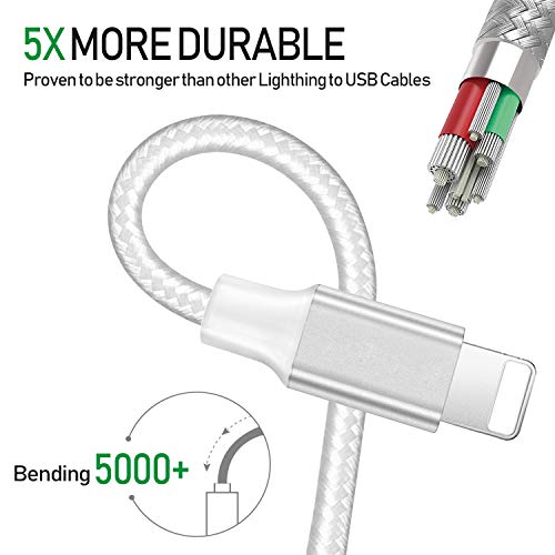 iPhone Charger, MFi Certified Lightning Cables 5Pack 2x3FT 2xFT 10FT to USB Syncing Data and Nylon Braided Cord Charger for iPhone Xs/Max/XR/X/8/8Plus/7/7Plus/6S/6S Plus/SE/iPad and More - Sliver