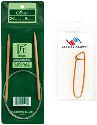 Clover Takumi Bamboo Circular Knitting Needles 24 inch Size 11/8mm with 1 Artsiga Crafts Stitch Holder 3016/24-11