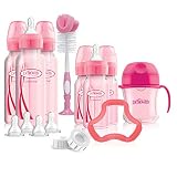 Dr. Brown's Options+ Baby Bottles Pink Gift Set with Silicone Teether, Pink Sippy Cup, Pink Bottle Brush and Travel Caps, Includes 6 Narrow Pink Baby Bottles