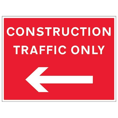 V Safety Construction Traffic Only, Arrow Left - 3mm Alucomp Ra1 Antigraff - 600x450mm