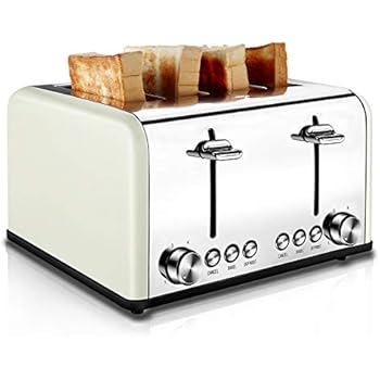 Toaster 4 Slice, CUSIBOX Retro Stainless Steel Extra Wide Slots Toaster with Bagel, Defrost, Cancel Function, 6 Bread Shade Settings, 1650W, Cream