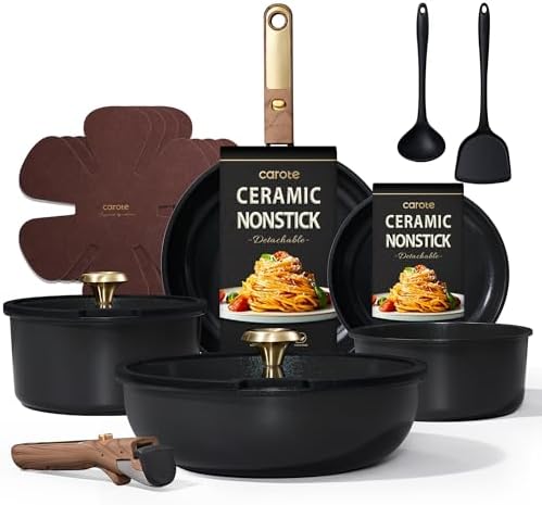 CAROTE 15Pcs Ceramic Cookware Set, Pots and Pans Set Non stick, Kitchen Cooking Set with Detachable Handle, Non Toxic Induction Cookware, Dishwasher/Oven Safe, PFAS Free, Black&Gold