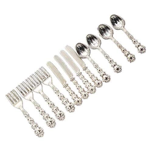 BetterUS 1/12 Scale Mini Fork Spoon Knife Set Metal Tableware Dollhouse Kitchen Furniture Supply 12Pcs