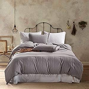 Duvet Cover Set with Zipper Closure Microfiber Bedding Set with Furry Little Balls-3 Piece set (1 Quilt+2 Pillowcase) (QUEEN, LIGHT GREY)