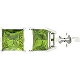 14K White Gold Plated 925 Sterling Silver Push Back Dainty Stud Earrings for Women - 4 cttw Princess Cut Natural Peridot