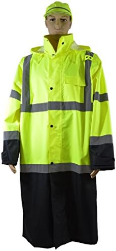 Petra Roc LBRC-48-C3-5X 48" Lime /Black Bottom Two Tone Waterproof Rain Coat, ANSI Class 3, Roll Away Hood, Mic-Tab/Badge Holder, Chest Pocket, 2 Side Slits, Adjustable Cuff, Heavy Duty Zipper & Storm Flap, 5X, Lime/Black