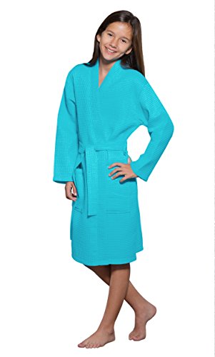 Turquaz Linen Kids Spa Party, Flower Girl Waffle Kimono Robe (Large, Turquoise)