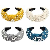 Joyeah 4 Pcs Pearls Headbands, Satin Fabric knotted headband with pearls, Topknot Headband Vintage Wide Hair Band Fashion Hair Accessories for Women and Girls