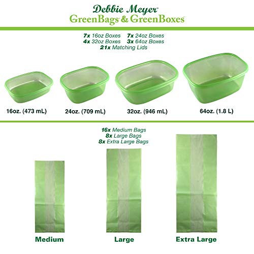 Debbie Meyer GreenBoxes & GreenBags Combo Set, Food Storage Containers with Lids & Bags, Keep Fruits Vegetables, Baked Goods & Snacks Fresher Longer! BPA Free Microwave & Dishwasher Safe 74 Piece Set