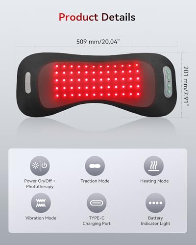 FliKEZE 4-in-1 Lumbar Support Pillow with Red Light Therapy, Lumbar Massager Cordless Rechargeable 5000mAh, Lower Back Massager w/Vibration, Traction & Heating for Pain Relief Deep Tissue, Black
