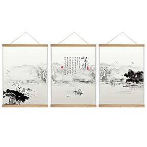 3 Panel Hanging Poster with Wood Frames - Chinese Ink Painting Style Mountains and Lake - Ready to Hang Decorative Wall Art - 18"x24" x 3 Panels