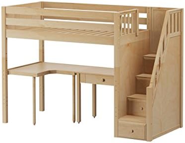 Maxtrix Solid Hardwood Twin-Size Low Loft Bed with Storage Staircase Entry, Corner and Study Desks, Natural