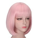 Short Pink Bob Wig With Bangs Natural Look Cosplay Straight Hair Wigs for Women 13