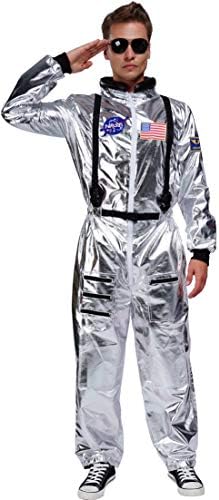 Maxim Party Supplies Adult Astronaut Costume Jumpsuit Silver Space Suit for Men with Embroidered Patches and Pockets