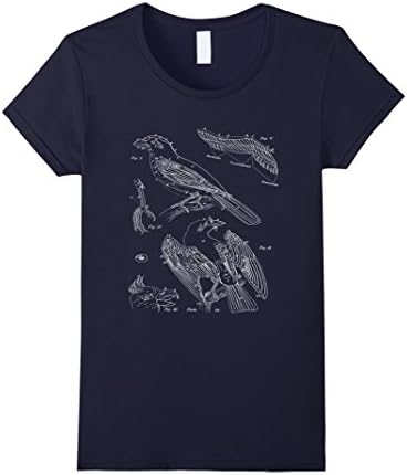 Women's Raven and Cockatoo Parrot Bird Scientific Illustration Tee XL Navy