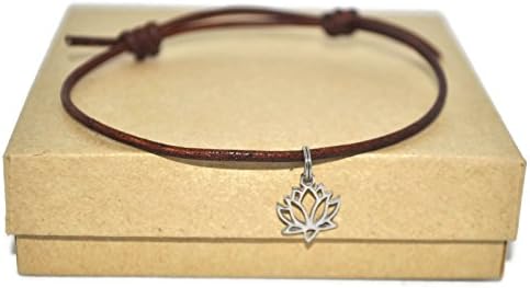 Minimalist distressed brown leather cord tiny stainless steel lotus charm bracelet and namaste note card