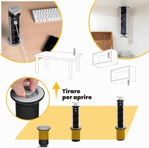 - Blocco multipresa a scomparsa ricarica veloce, 3 prese schuko EU, 2 porte USB A + 2 USB C, torretta multipresa per cucina o scrivania, Grigio Metallizzato, Plastica, Alluminio