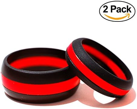 Silicone Wedding Ring His &amp; Hers Set - 2 Pack Thin Red Line Rubber Wedding Band Set - ( Blue Line , Red Line , Camo )