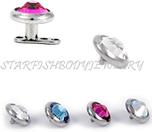 Surgical Steel Gem Set Flat Bottom Dome for Internally Threaded Dermal Anchors 14g Dermal Top Body (10.Pink - 6mm)