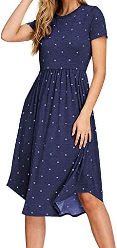 Women Long Sleeve Pleated Polka Dot Pocket Loose Swing Casual Midi Dress