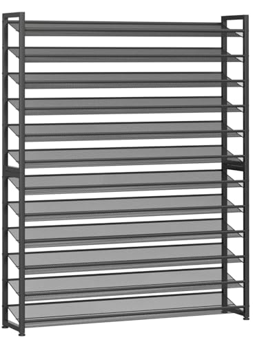 Large Shoe Rack 12 Tier Shoe Organizer, Heavy Duty Metal 6-Tier Stackable Shoe Storage Vertical Shoe Rack for Closet Front Door Entrance, Up to 75 Pairs, 44.8" W x 11.4" D x 85.1" H, Black