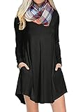 POSESHE Women's Long Sleeve Pockets Casual Swing Plain T-shirt Dress Black XL