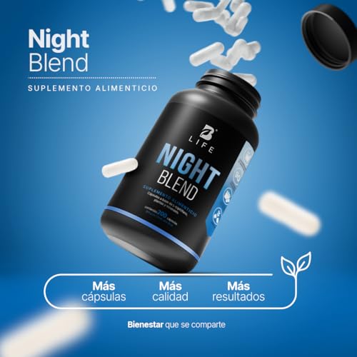 B Life Night Blend Con 200 Cápsulas | para Dormir y Relajación con Magnesio, Triptófano, 5-HTP y L-Teanina | Apoyo al Descanso Nocturno.