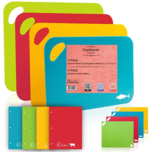 CooKeezz Couture - Extra Thick 15"×12" Flexible Plastic Cutting Boards Mats Set with Food Icons & Non - Slip Waffle Back, Set Included with 4 Pack Recipes Folders - Set of 8