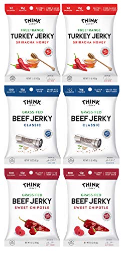Think Jerky Grass-Fed Beef Jerky and Free-Range Turkey Jerky Variety Pack of 6 - Non-GMO, Gluten-Free, Paleo Friendly - 1.5 Ounce Bags - Thumbnail 5