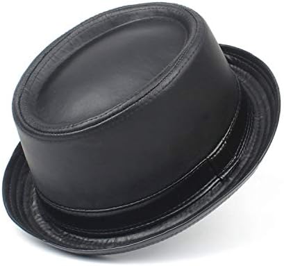 100% Leather Balck Pork Pie Hat Fedora Hat Fasgion Gentleman Flat Bowler Porkpie Top Hat Men