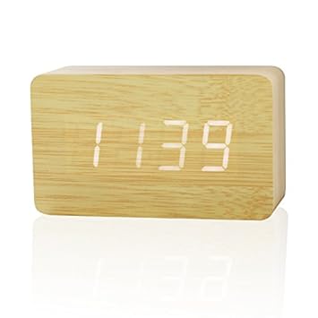 Home Cube Wooden Rectangle Shape (10.3 cm X 6.8 cm) Digital Electronic Alarm Table Desk Clock with Temperature + Date + Time Display XY - 024 (Cream Color)