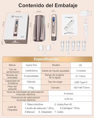 Hydra.Pen H5 Microneedling Pen, Automatic Serum Applicator with Microcurrent EMS, Professional Wireless Microneedling for Skin Care, Wrinkles, Scars and Hair Loss, Gold