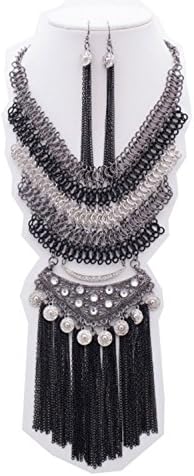{CN0957 StyleNo1} WOMEN'S FASHIONABLE NETTED CHAIN W TASSEL DROP NECKLACE AND EARRINGS SET - Designed In USA (BLACK MULTI)