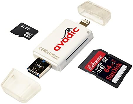 Avadic - SD - SDHC - micro SD - Card Reader for iPhone 5 - iPhone 6 - iPad - iPod - SDHC - Best Uses: Trail Camera Tracker - Photography - Photos - Videos - Extra Storage (White)