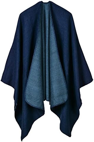 Hycurey Women Winter Knitted Faux Cashmere Poncho Capes Plus Size Shawl Cardigans Sweater Coat Navy Free