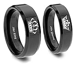 Southern Designs Matching Couples King and Queen Ring Set in Black Titanium - His and Hers for Promise Wedding Friendship Jewelry