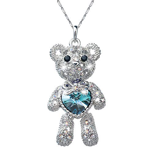 Gifts for Her, Necklace with Swarovski Crystals, Cute Teddy Bear Blue Love Heart Pendant Charm, Limb-Removable Design, Girls Jewelry Necklaces for Teens Ladies Women Best Friend | Birthday Anniversary