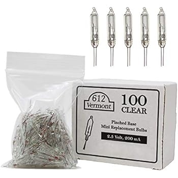 612 Vermont 2.5V Clear Mini Christmas Replacement Bulbs for Christmas Trees and Incandescent String Lights, Pinched Base, 100 Count (0.50 Watt, 200 mA)