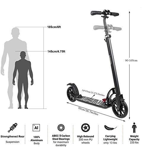 VOKUL Foldable Kick Scooters for Adults/Teens/Kids; One-Second Easy Folding Mechanism, Adjustable Handlebars Range from 90-105cm; Shock Absorption System, Up to 220lbs