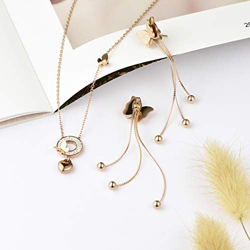 EVEVIC Stainless Steel Butterfly Necklace Earrings Set for Women Girls 14K Gold Plated Jewelry Sets (Style-B Rose-Goldtone) - Thumbnail 5