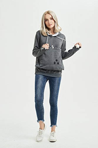 Womens Unisex Big Kangaroo Pouch Hoodie Cat Ear Long Sleeve Pet Dog Holder Carrier Sweatshirt, Dark Grey, XX-Large