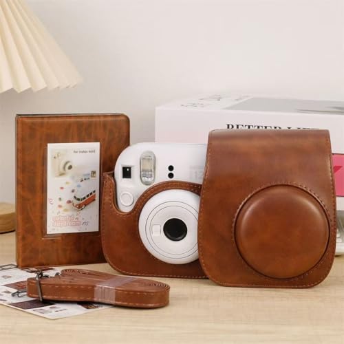 Estojo Protetor Para Câmera Phetium Instant Mini 12 Compatível com Instax Mini 12 11, Bolsa de Couro PU com Bolso e Alça de Ombro Ajustável (Marrom)