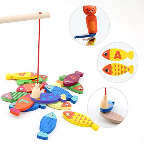 BeebeeRun Magnetic Wooden Fishing Game Toy for Toddlers - Alphabet Fish Catching Counting Preschool Board Games Toys for 3 4 5 Year Old Girl Boy Kids Birthday Learning Education Math with Magnet Pole - Thumbnail 4