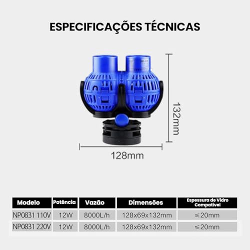 Bomba Dupla de Circulação para Aquário Cabeça de Potência com Montagem Magnética Suction 8000L/H para Aquário de água Doce e Salgada, Ajustável a 360